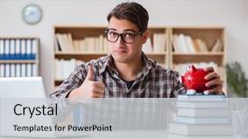  Presentation with piggy bank - Colorful presentation design enhanced with young student breaking piggy bank backdrop and a light gray colored foreground