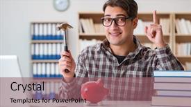  Presentation with piggy bank - Audience pleasing PPT theme consisting of young student breaking piggy bank backdrop and a  colored foreground