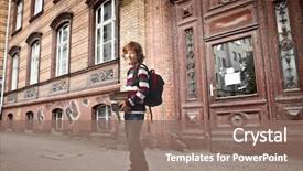  Presentation with books - Audience pleasing presentation design consisting of young student carrying some books backdrop and a  colored foreground