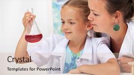  Presentation with chemistry - Colorful slide deck enhanced with young student girl in chemistry class with her teacher - looking at glass recipient backdrop and a soft green colored foreground