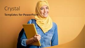 Presentation with happy young student girl holding - Beautiful presentation design featuring young-student-girl-wearing-muslim backdrop and a yellow colored foreground