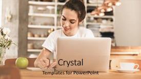  Presentation with student writing - Beautiful slide deck featuring young student girl with apple backdrop and a  colored foreground