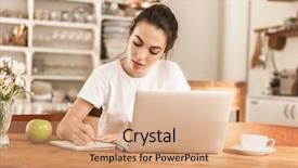  Presentation with student - Audience pleasing PPT theme consisting of young student girl with apple backdrop and a coral colored foreground