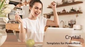  Presentation with happy young student girl holding - PPT theme enhanced with young student girl with apple background and a coral colored foreground