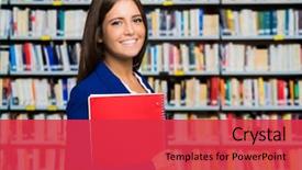  Presentation with library - Cool new PPT layouts with young student in a library backdrop and a red colored foreground