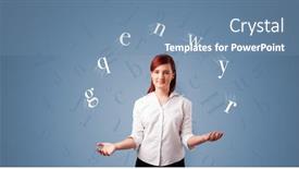  Presentation with letters - Cool new slides with young student juggle with letters backdrop and a seafoam green colored foreground