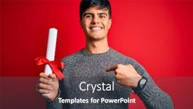  Presentation with diploma - Cool new PPT theme with young-student-man-holding-university backdrop and a tawny brown colored foreground