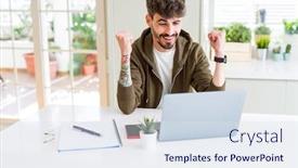  Presentation with computer - PPT layouts enhanced with young student man using computer laptop and notebook screaming proud and celebrating victory and success very excited cheering emotion background and a sky blue colored foreground