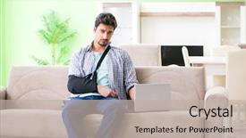  Presentation with injury - Colorful presentation enhanced with young student man with hand backdrop and a mint green colored foreground