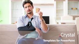  Presentation with injury - Presentation theme enhanced with young student man with hand background and a coral colored foreground