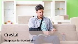  Presentation with injury - PPT theme featuring young student man with hand background and a soft green colored foreground