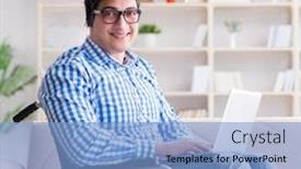  Presentation with disability - Amazing PPT theme having young student on wheelchair in disability concept backdrop and a light blue colored foreground