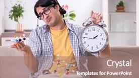  Presentation with test exam student - Presentation theme featuring young student physicist preparing background and a coral colored foreground