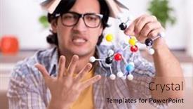  Presentation with exam - Presentation theme having young-student-physicist-preparing background and a coral colored foreground