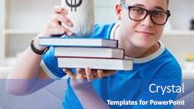  Presentation with student - PPT layouts enhanced with young student preparing for exams studying at home on a sofa background and a teal colored foreground