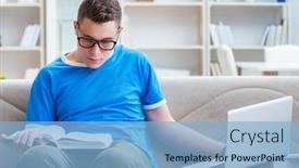  Presentation with student - Colorful presentation design enhanced with young student preparing for exams studying at home on a sofa backdrop and a light blue colored foreground