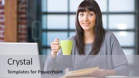  Presentation with study - PPT theme having young student using a laptop to study in a modern school or home background and a light gray colored foreground