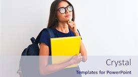  Presentation with book glasses - Amazing presentation having young student woman wearing backpack glasses holding book over isolated white background serious face thinking about question very confused idea backdrop and a sky blue colored foreground