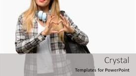  Presentation with marriage - Presentation design featuring young student woman with headphones and backpack happy showing love with hands in heart shape expressing healthy and marriage symbol background and a light gray colored foreground