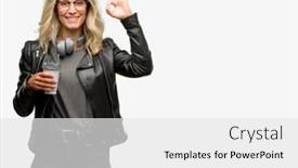  Presentation with relaxation - Slide deck consisting of young student woman with headphones doing ok sign gesture with both hands expressing meditation and relaxation background and a white colored foreground