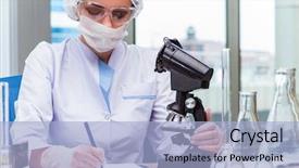  Presentation with solutions - Presentation enhanced with young student working with chemical solutions in lab background and a light blue colored foreground