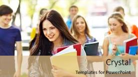  Presentation with notebook - Colorful PPT theme enhanced with young students - group student with notebook backdrop and a coral colored foreground