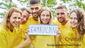  Presentation with teambuilding - Slide set consisting of young students in start-up team holding a sign in teambuilding workshop background and a gold colored foreground