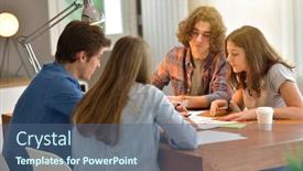  Presentation with meeting table - Cool new PPT theme with young-students-meeting-around-table backdrop and a ocean colored foreground