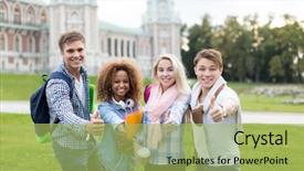  Presentation with students walking on campus - Presentation theme with young students on campus outdoors background and a  colored foreground