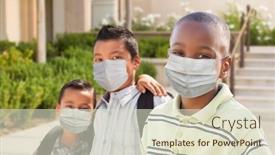  Presentation with medical face mask - PPT layouts featuring young-students-on-school-campus background and a soft green colored foreground