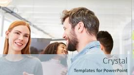  Presentation with talk - Theme having young-students-or-colleagues-having background and a sky blue colored foreground