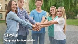  Presentation with students hands raised - Amazing slide set having young students putting hands together backdrop and a ocean colored foreground