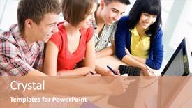  Presentation with technology students - PPT theme consisting of young students studying together background and a coral colored foreground