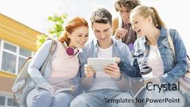  Presentation with college campus - Beautiful slides featuring young students using digital tablet at college campus backdrop and a light blue colored foreground