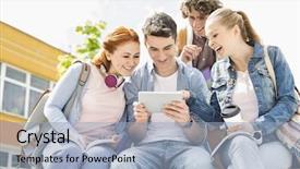  Presentation with college campus - Audience pleasing PPT layouts consisting of young students using digital tablet backdrop and a light blue colored foreground