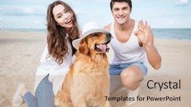  Presentation with love - Amazing slide deck having young stylish beautiful couple in love sitting playing with dog showing okay gesture backdrop and a coral colored foreground