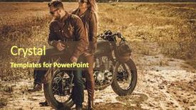  Presentation with custom - PPT layouts having young stylish cafe racer couple on the vintage custom motorcycles in a field background and a tawny brown colored foreground
