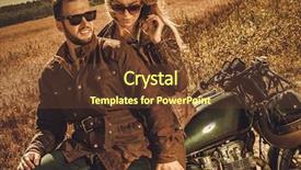  Presentation with custom - Slide set with young stylish cafe racer couple on the vintage custom motorcycles in a field background and a tawny brown colored foreground