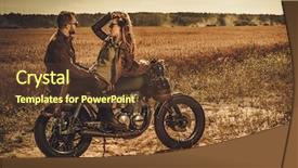  Presentation with custom - Amazing presentation design having young stylish cafe racer couple on the vintage custom motorcycles in a field backdrop and a tawny brown colored foreground
