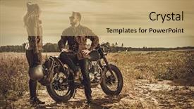  Presentation with custom - PPT theme featuring young stylish cafe racer couple on the vintage custom motorcycles in a field background and a coral colored foreground
