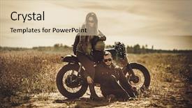  Presentation with custom - Audience pleasing PPT theme consisting of young stylish cafe racer couple on the vintage custom motorcycles in a field backdrop and a lemonade colored foreground