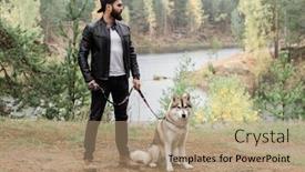 Presentation with leash - Presentation theme having young stylish man in black leather jacket and jeans standing on footpath in the forest or park while holding leash of his pet background and a coral colored foreground