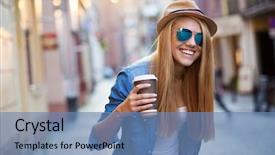  Presentation with piano and coffee - Cool new presentation design with young stylish woman drinking coffee backdrop and a teal colored foreground