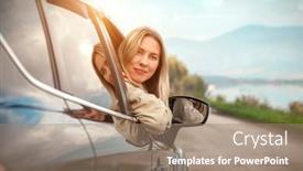  Presentation with health balance - Amazing slide deck having young-stylish-woman-driving-car backdrop and a coral colored foreground