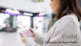  Presentation with page - Audience pleasing theme consisting of young stylish woman looking at home page of online shop while going to search through goods and make order backdrop and a light gray colored foreground