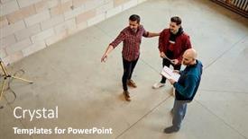  Presentation with new ideas - Beautiful presentation theme featuring young-succesful-worker-touching-one backdrop and a coral colored foreground