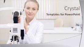  Presentation with optometrist - Presentation theme enhanced with young successful blonde optometrist testing new ophthalmological equipment while working in clinics background and a lemonade colored foreground
