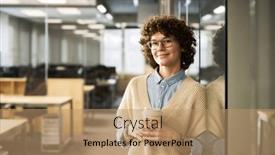  Presentation with front office - Presentation theme having young-successful-brunette-female-manager background and a coral colored foreground