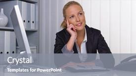  Presentation with woman office desk - PPT theme enhanced with young successful business woman sitting background and a gray colored foreground