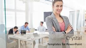  Presentation with woman business - PPT theme featuring young-successful-business-woman background and a soft green colored foreground